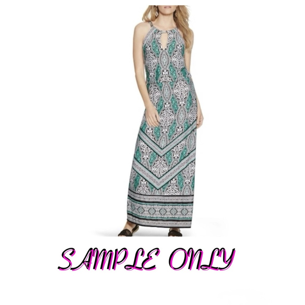 Veronica M Sleeveless Keyhole Maxi Dress in Teal Geometric Print M
